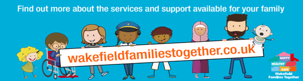 Image with characters holding up a sign with the Wakefield Families Together website address.